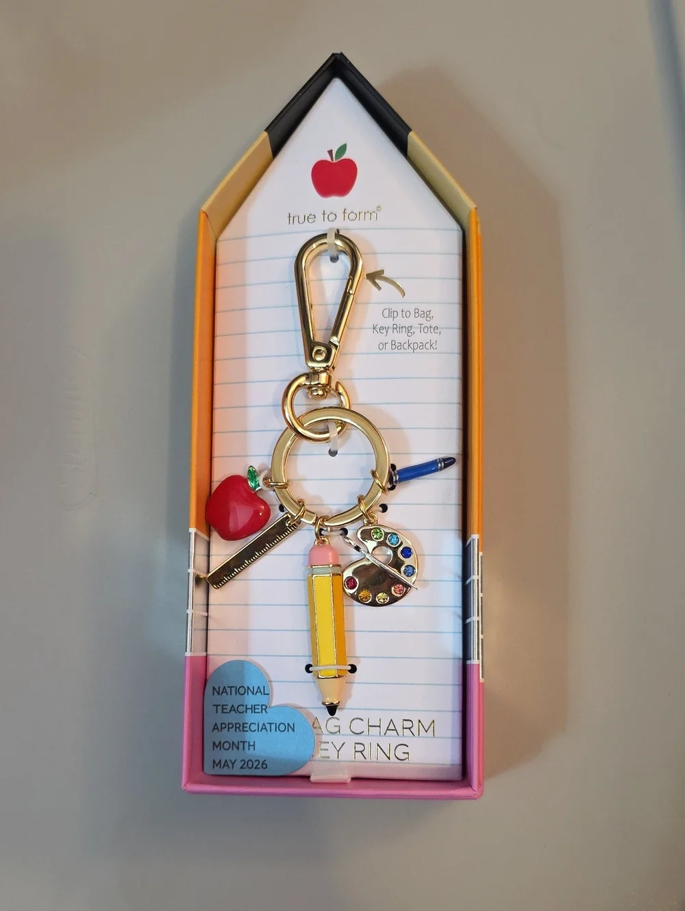 True To Form Gold Teacher Charm Key Ring - Yellow Pencil & Red Apple